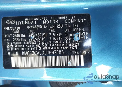 2018 Hyundai Tucson Sport из США, поврежденный, VIN KM8J3CAL3JU697286